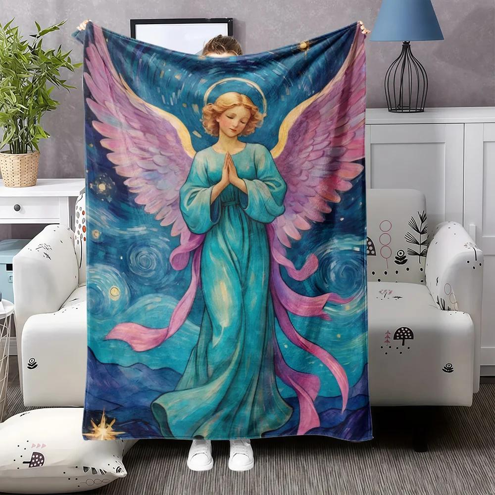 pc Angel Print Flannel Blanket Soft AllSeason Cozy Throw with Angel Wings Starry Night Design MultiUse for Bed Sofa