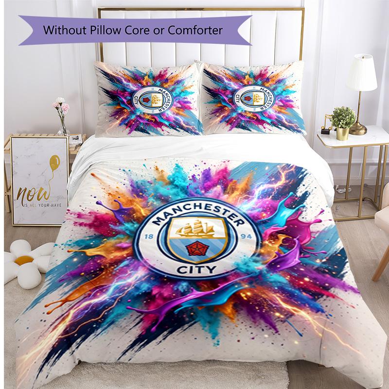 Manchester City Pattern Printed 3PCS Bedding Set Soft Skin-Friendly Washable Duvet Cover & Pillowcases Set All Season Bedroom