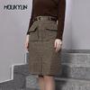 Woolen Plaid Skirt Women's High Waist Pocket Split Mid-length Skirts Female Korean Fashion One-step Chic Skirts Faldas