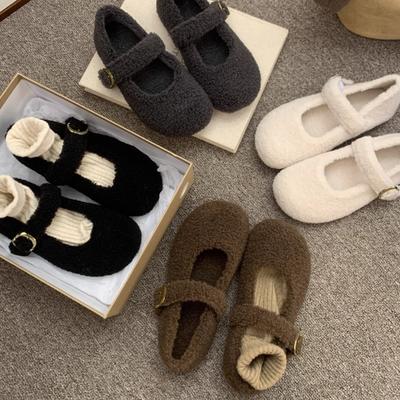 Дизайн Мех Женские Туфли Мэри Джейн Лаконичные Сохраняют Тепло Уличная Обувь Женские Удобные Хлопковые Балетки Обувь