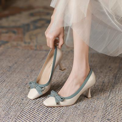 Женские туфли с квадратной головкой, осенние новые женские туфли на высоком каблуке с бантом, женская корейская обувь