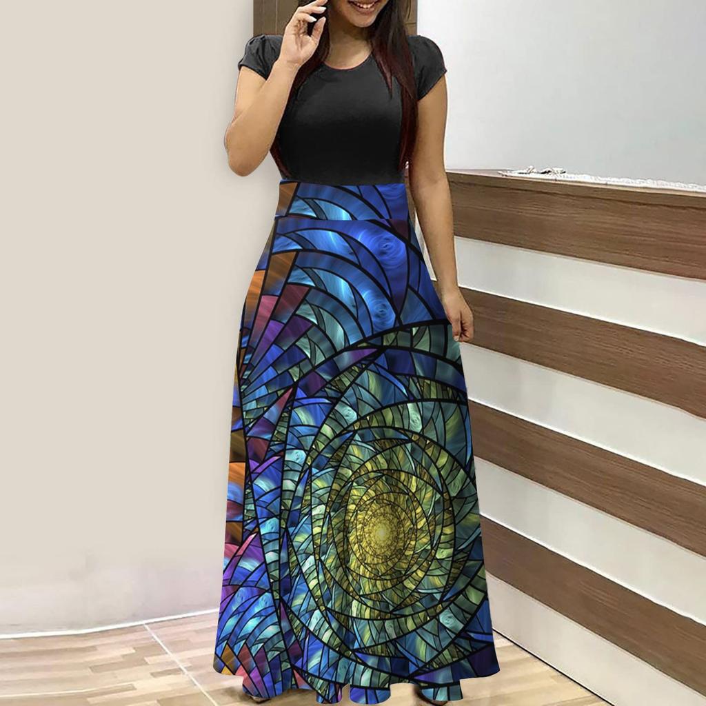 Summer Dresses For Women 2023 Fashion Casual Floral Print Round Neck Short-Sleeved Large Size Maxi Dresses