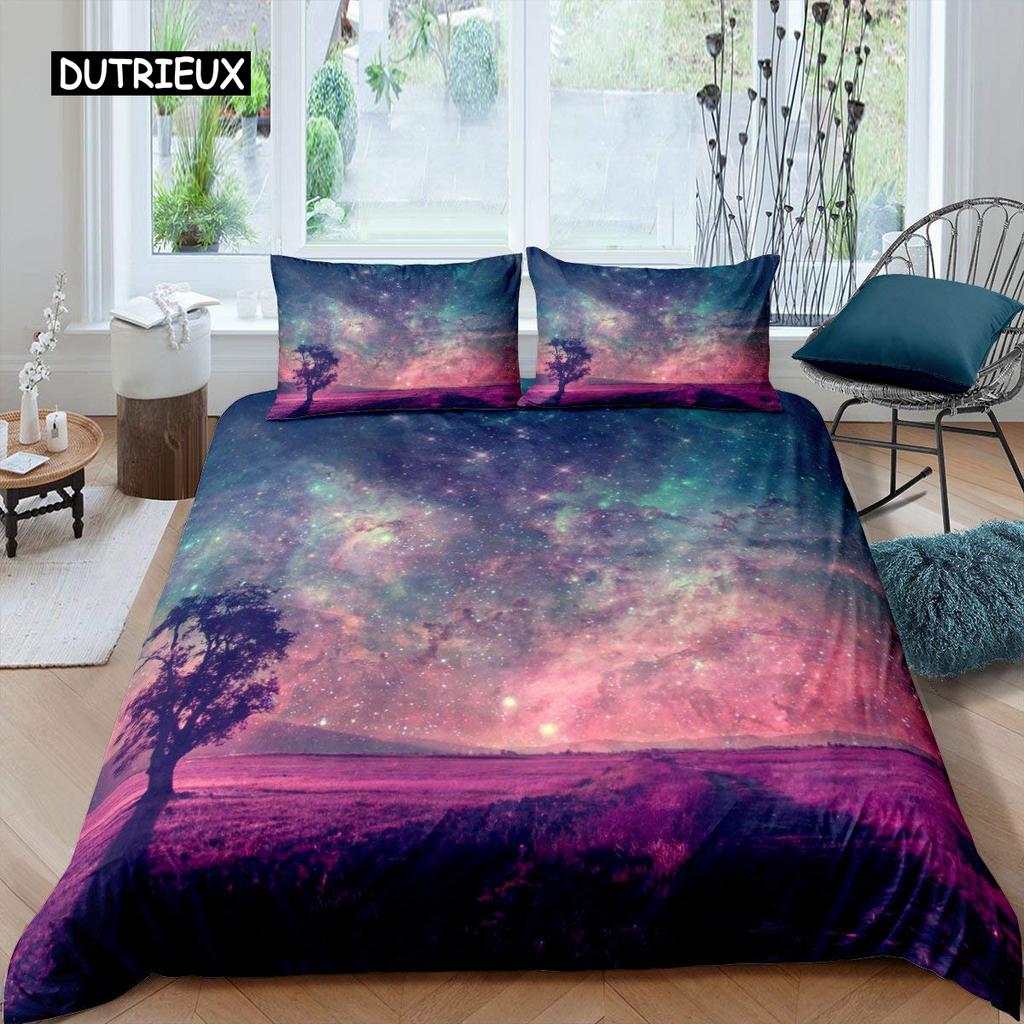 Комплект постельного белья Aurora с изображением галактики, фиолетовое звездное небо, пододеяльник, космический корабль, вселенная, астронавт, покрывало для детей