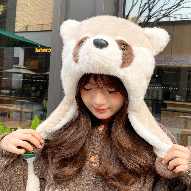 Winter Cute Cartoon Raccoon Plush Hat Female Cycling Thickened Ear Protection Hat Warm Lei Feng Hat North Cold Skiing