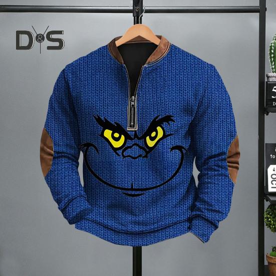 Весна Осень Мужской Топ На Молнии Полуоткрытый V-образный Вырез 3D Мультяшный Принт Лоскутные Рукава Плюс Размер Пуловер Свободный Спортивный Досуг Праздник Свитшот