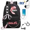 Cute Axolotl Printed Student Schoolbag for Girls Black Backpack Usb Kids Casual Bag Back To School Gift