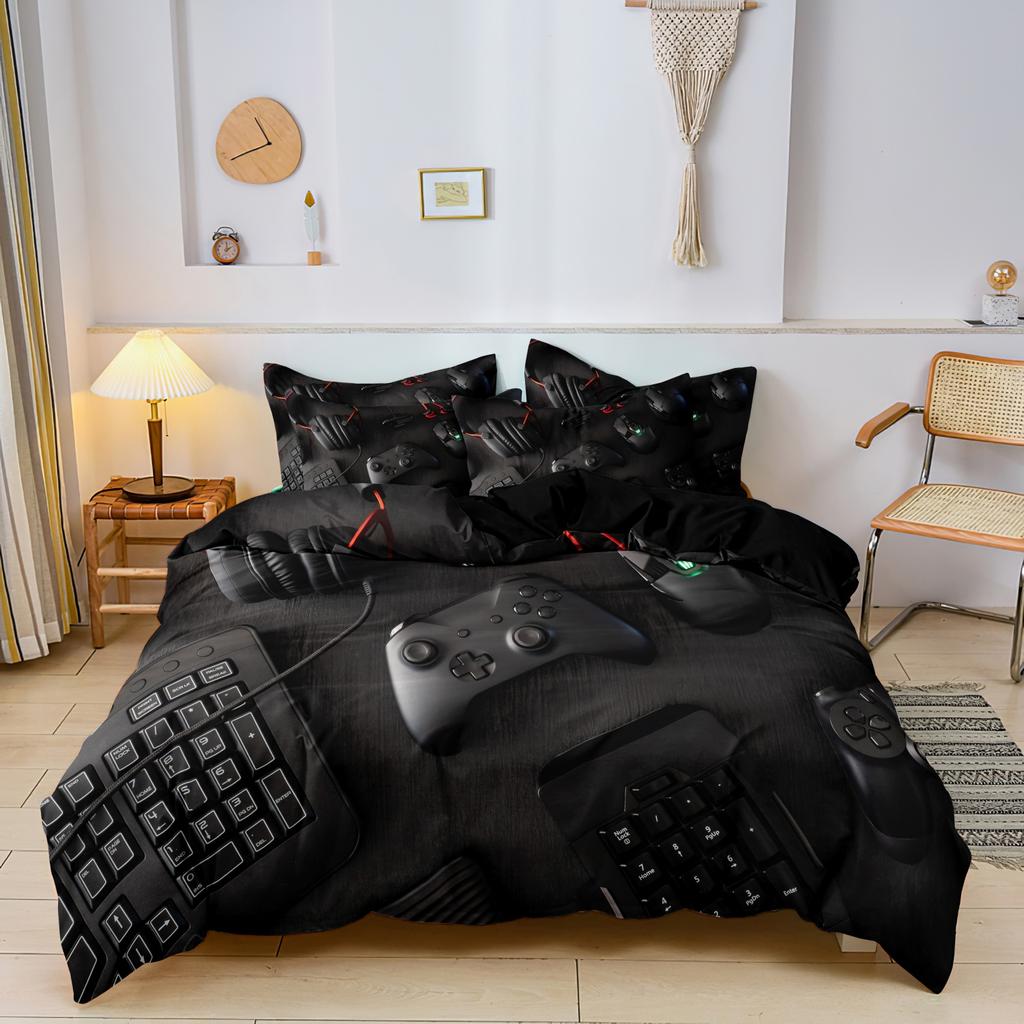 3pcs Video Game Controller Mouse Keyboard Headphone Pattern Duvet Cover Set - Modern Fashionable Cool Gamepad Print
