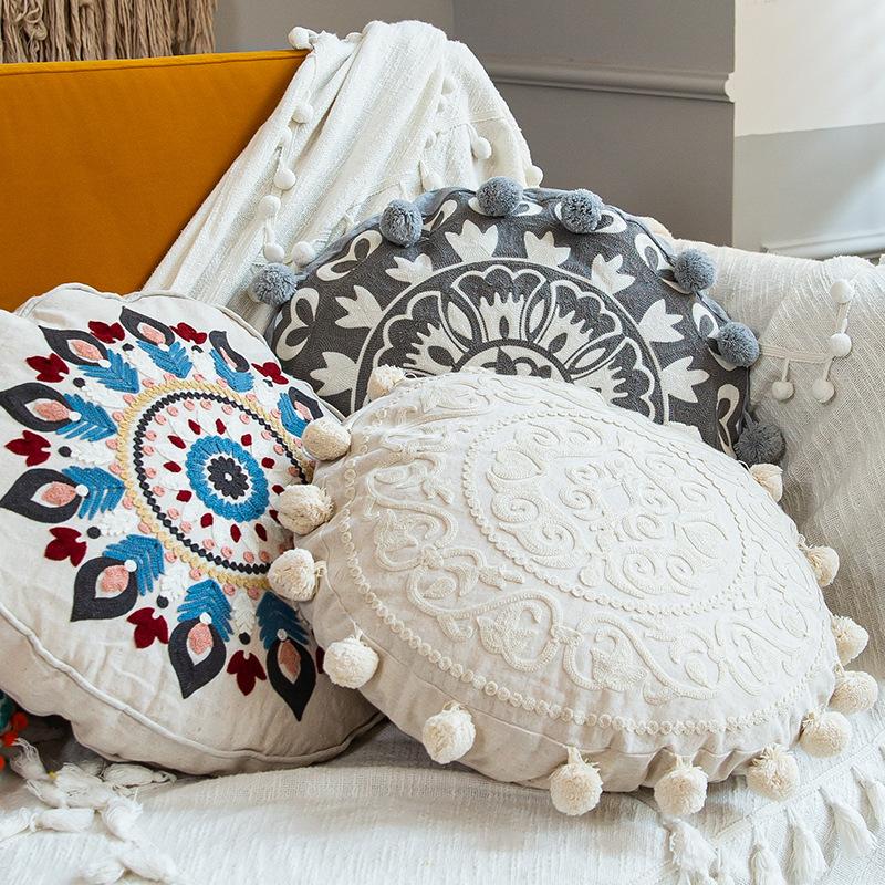 Moroccan Ethnic Style Hand-embroidered Round Pillowcase Living Room Sofa Cushion Ball Indian Decorative Pillow