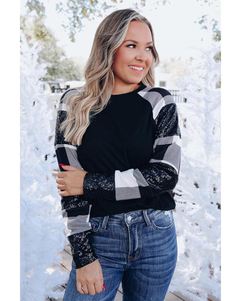 Azura Exchange Black Sequin Plaid Patchwork Raglan Sleeve Top
