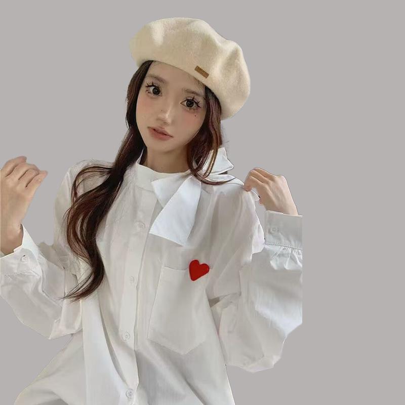 Love Embroidery Bow Long-sleeved White Shirt Female 2024 New Loose