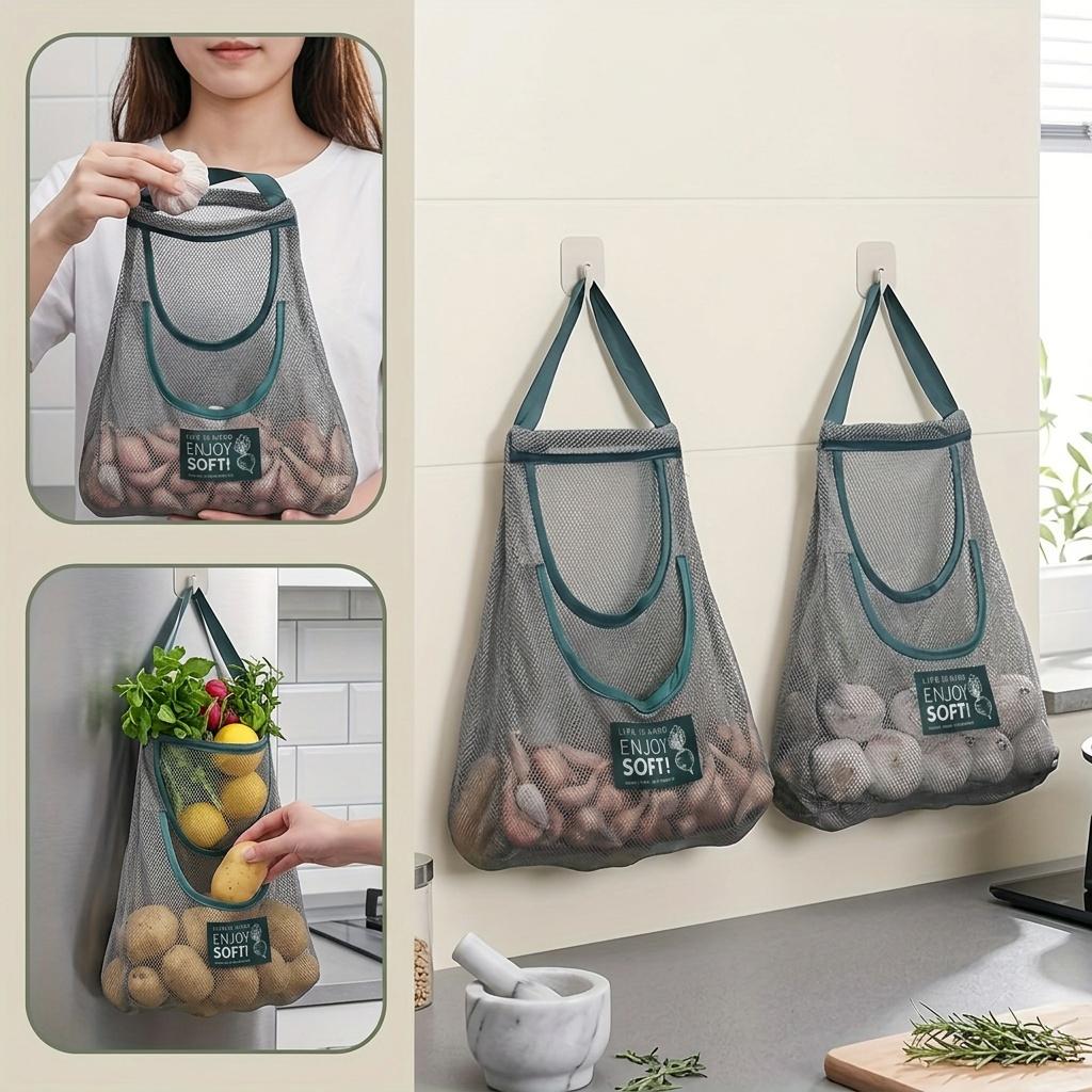 2 Pc Portable Multiuse Wall Hanging Breathable Mesh Storage Bags for Fruit Vegetables Ginger Garlic Kitchen Organizer