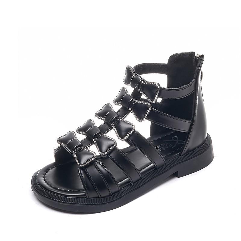 Girls Roman Sandals Soft Sole Open Toe With Rhinestone Decor Adjustable Hook Loop Synthetic Leather Upper