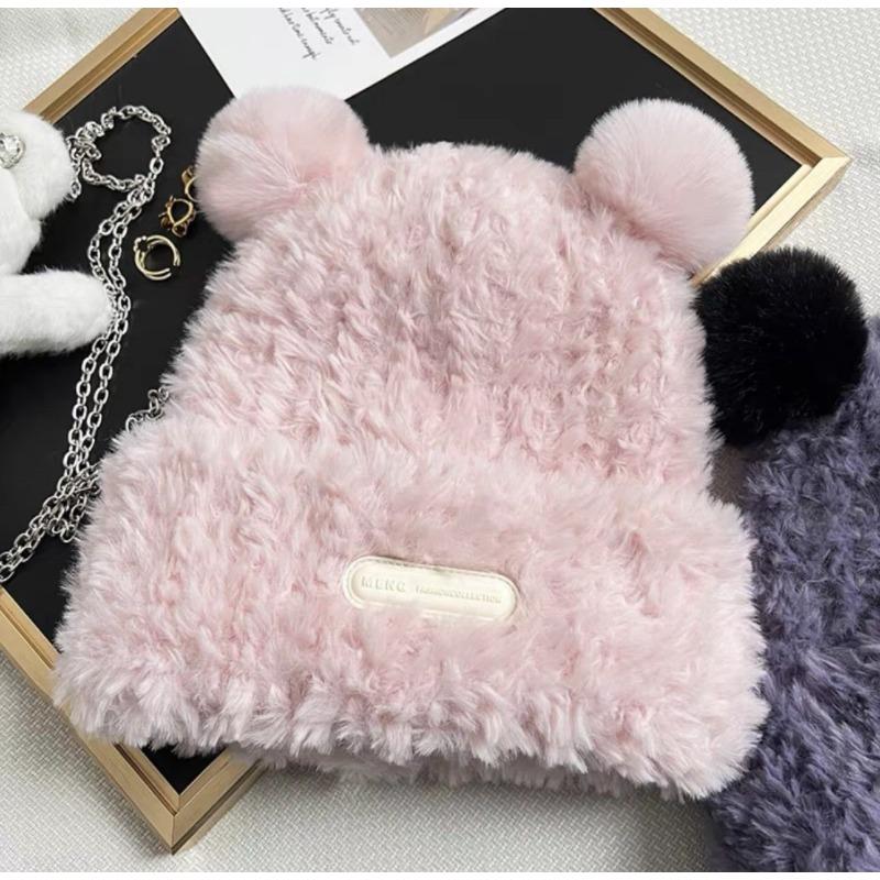 Зимняя теплая шапка с медвежьими ушками, новая плюшевая женская шапка, свободная модная шапка-пуловер, маленькая для лица