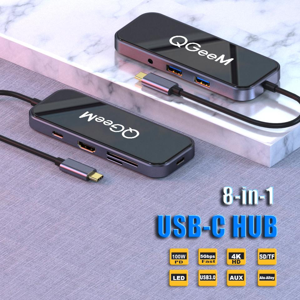 QGeeM 8 портов USB C Hub для Macbook Pro Air Type C Hub 3,0 Адаптер TF SD 3,5 мм PD Aux HDMI Type C Hub для iPad Pro ПК Разветвитель док-станции