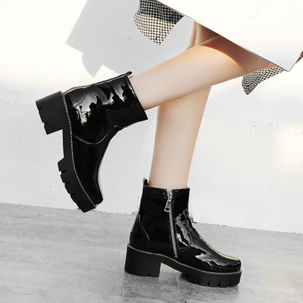 (SU)Женские сапоги на толстом каблуке, одноместные сапоги из твердой кожи, повседневная зимняя обувь