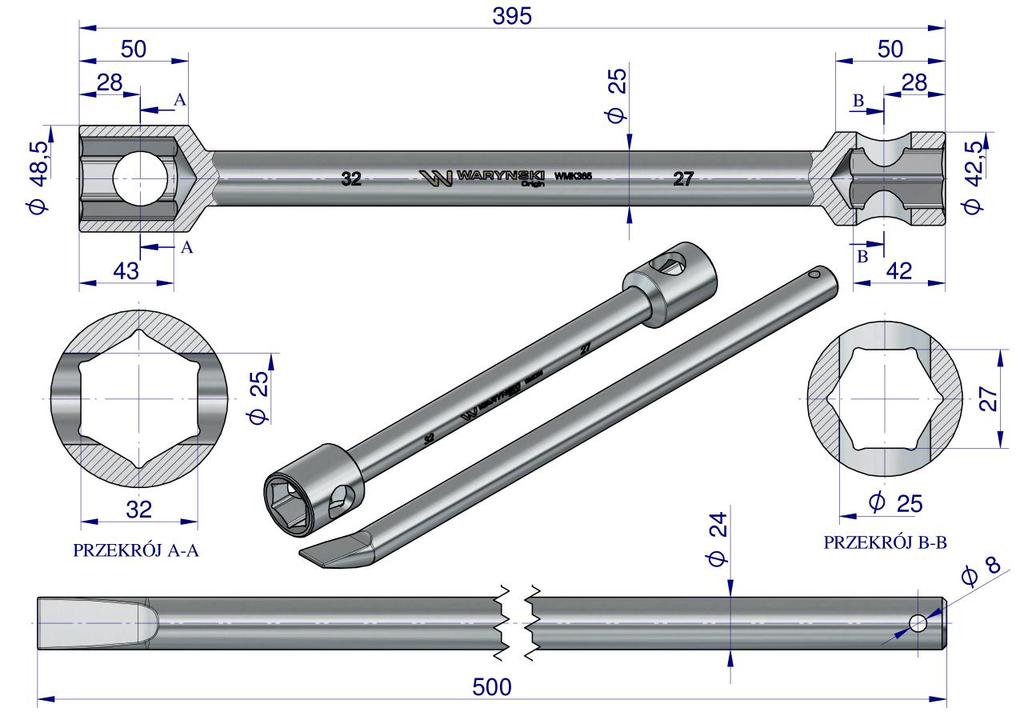 Wheel wrench, 395 long, size 27x32 with spoon, for assembly and disassembly work in mechanics, Waryński