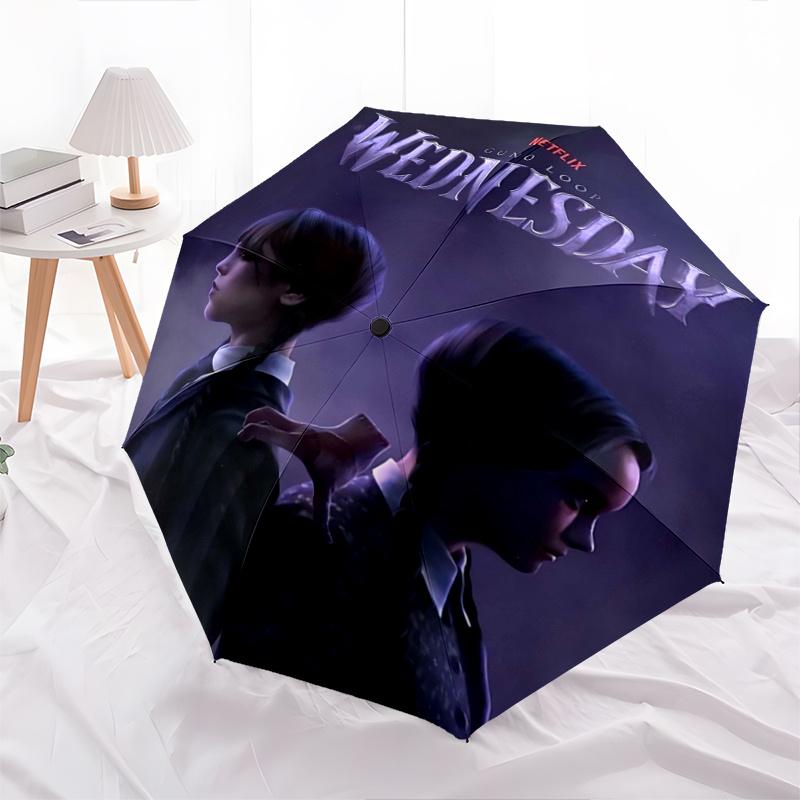 1pc Wednesday Addams Pattern Automatic Umbrella is Fashionable and Good-Looking, a Portable 3-Fold Umbrella, Suitable for Travel and Daily Use, a Trav