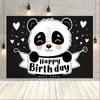 2D Black White Panda Birthday Photography Backdrop with Hearts for Photo Booth