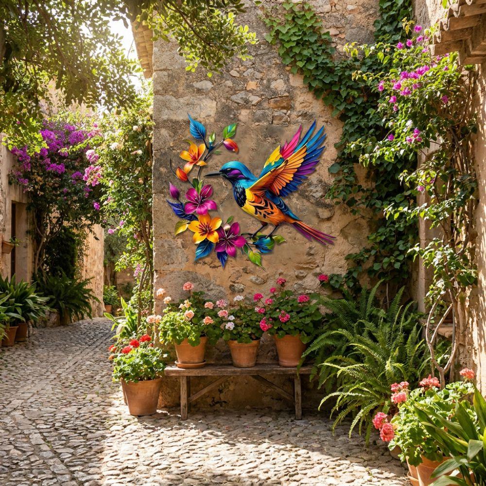 Hand Painted Iron Art Bird Wall Hanging Colorful Flower Colorful Birds Sculpture Balcony Patio