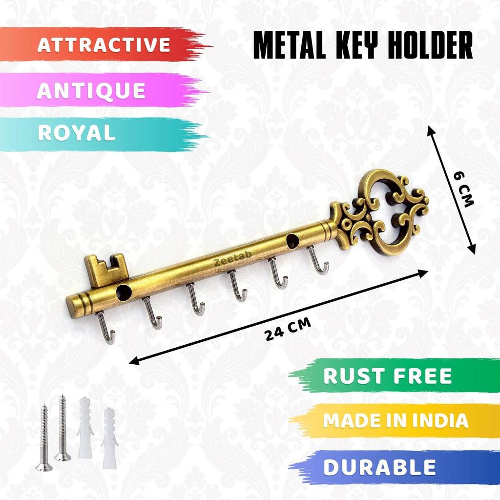 Royal Key Holder | Rajwadi Key Stand with 6 Hook & Brass Metal Wall Mount Hanger | Home Decor Gift (24x6cm) (Antique)