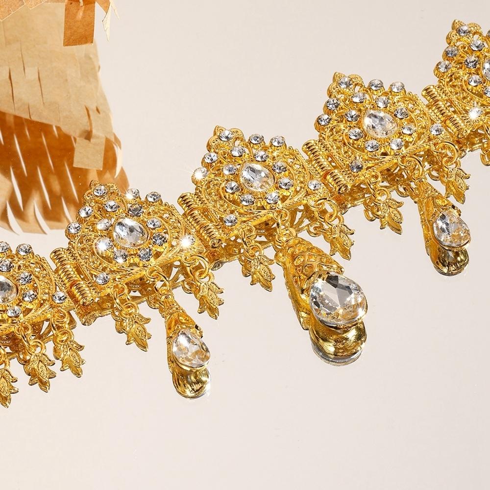 Arab Bride Head Jewelry Gold Color Alloy Hollow Carved Rhinestone Crystal Water Droplet Tassel Head Chain