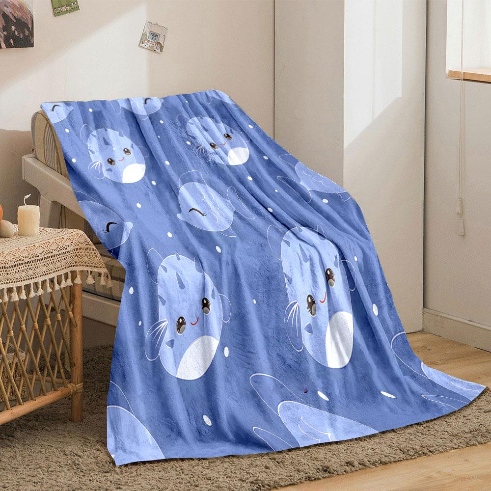 Cute Blue Fish Cartoon Pattern print blanket soft and cozy perfect for the living room bed sofa or a nap,gift