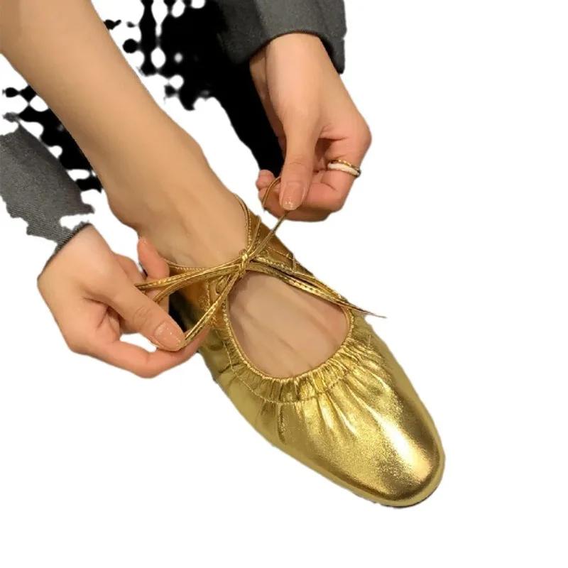 Женские туфли на плоской подошве золотистого и серебряного цвета со шнуровкой Туфли Мэри Джейн в стиле ретро с круглым носком и неглубокой вышивкой
