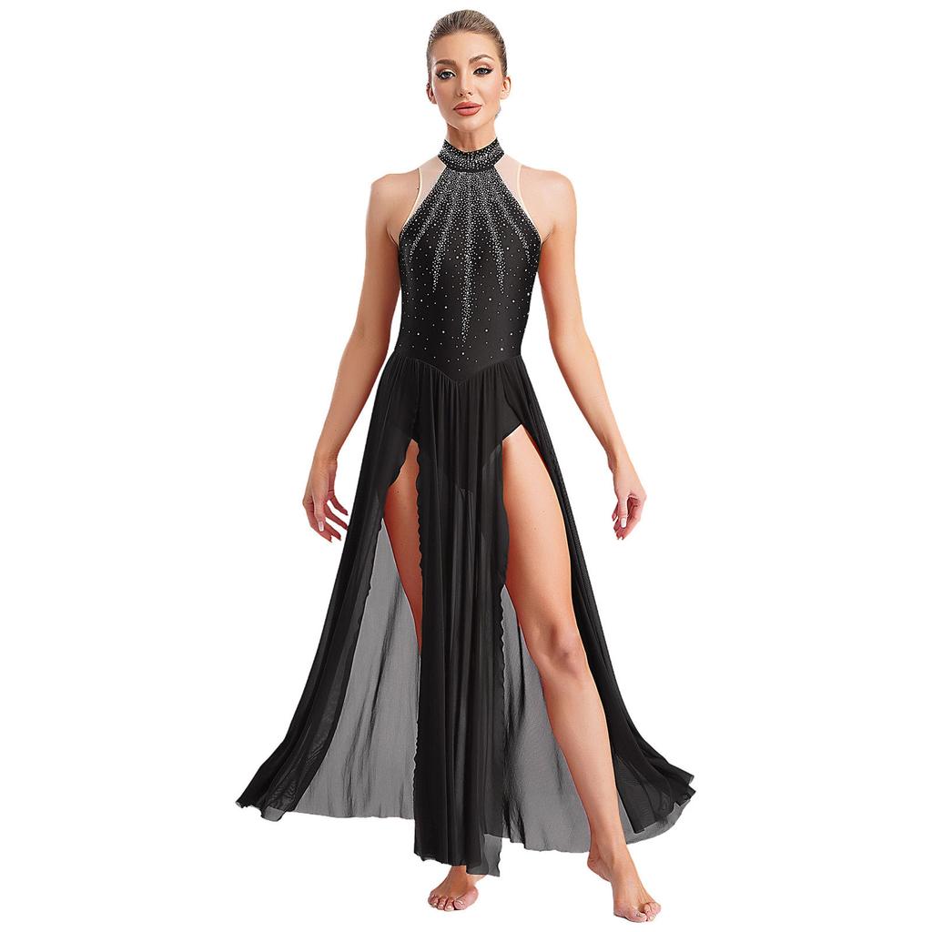 Ladies Sparkling Rhinestone Dance Gown Sleeveless Keyhole Back Split Skirt Lyrical Performance Dress