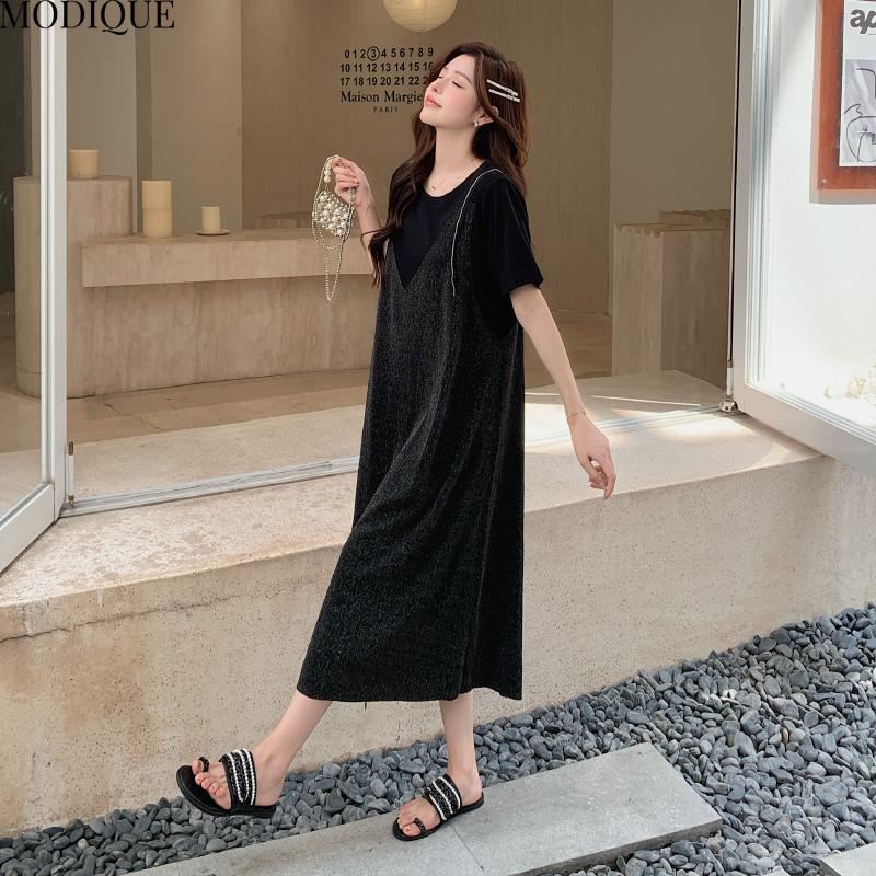 MODIQUE Лето Плюс Размер Новое Женское Свободное Элегантное Черное Золото Quicksand Fine Flash Silver Шелковое Вертикальное Длинное Платье Женские Платья С Коротким Рукавом и О-Образным Вырезом