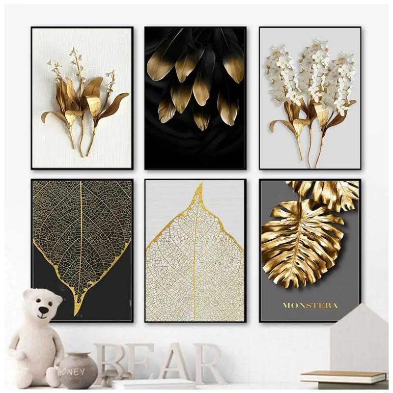 Gold Leaf Posters And Prints Cuadros Wall Art Pictures For Living Room Home Decoration Unframed Abstract Canvas Paintings