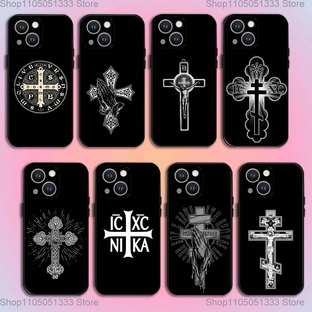 Иконка Православного Креста Чехол для Телефона Для iPhone 16,15,14,13,12,11,Pro,XS,Max,XR,Plus,E,SE4,Mini Черный Мягкий Чехол