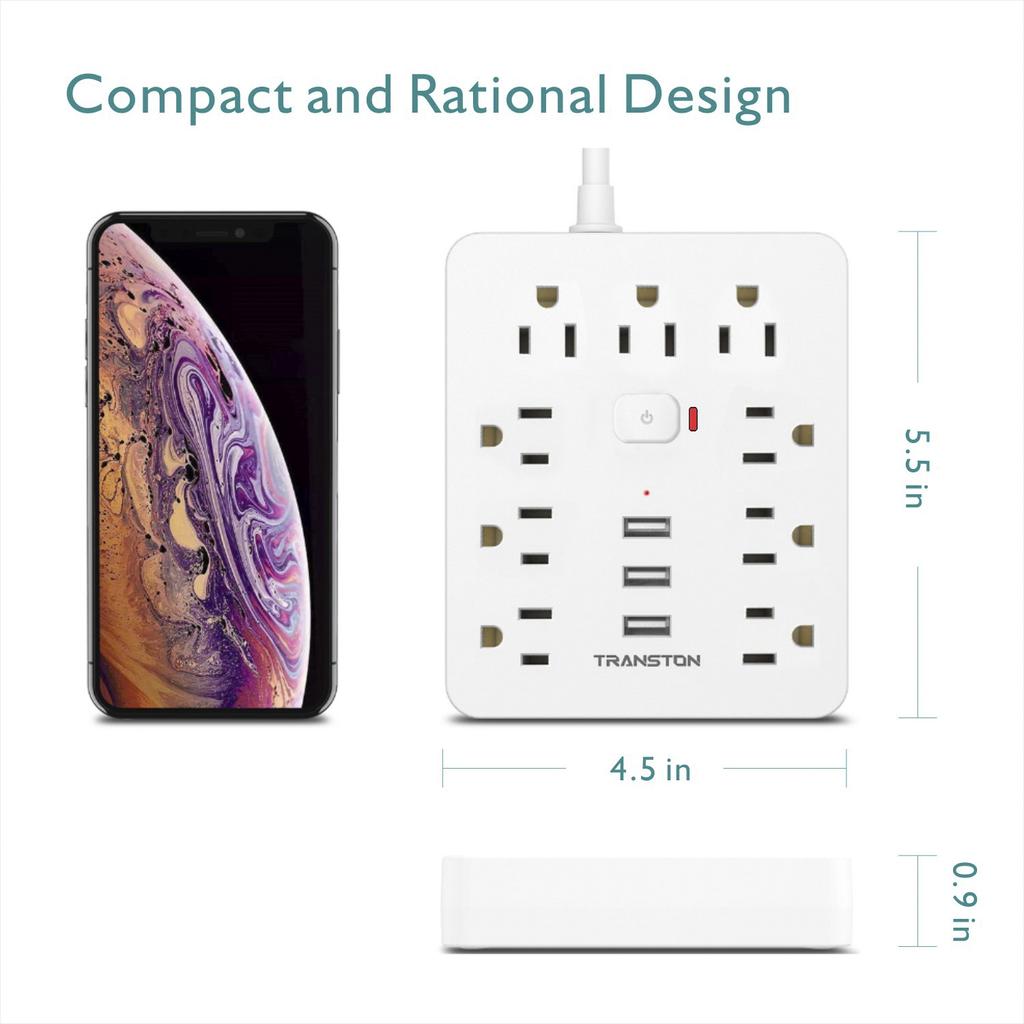 Розетка с защитой от перенапряжения, 9 розеток, 3 порта USB, удлинитель 5 футов, Быстрая зарядка, Для дома и офиса, Белый