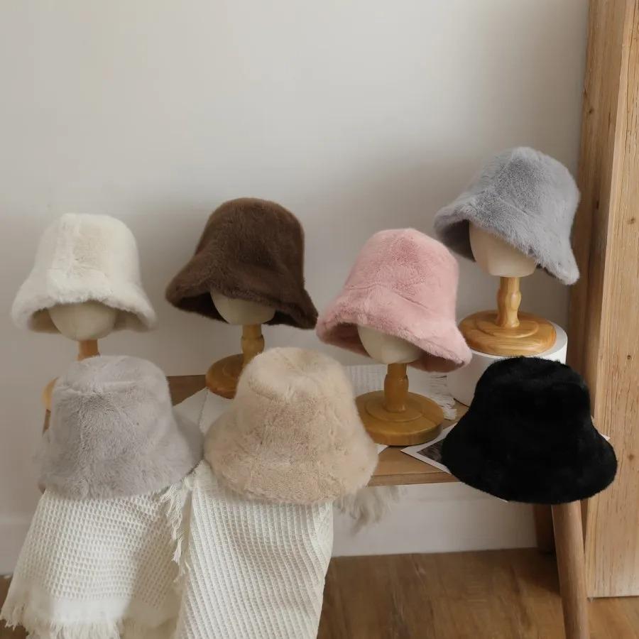 Winter Faux Fur Bucket Hat Fisherman Warm Heavy Plush Hats Ear Protection Outdoor Windproof Solid Hats Cap