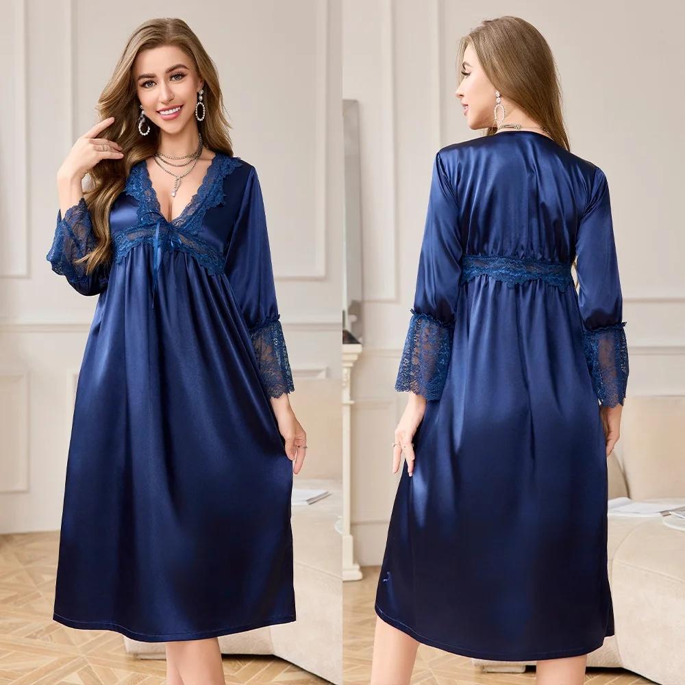 Female Long Sleepdress Nightgown Silky Satin Home Clothing Nightdress Elegant French Court Style Nightwear Loose Lounge Wear