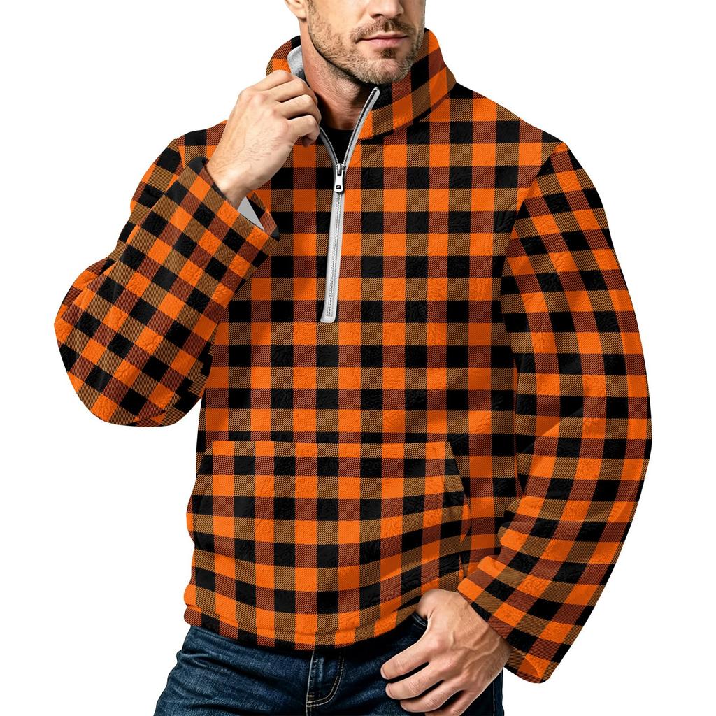 Men's Plaid Print Flannel Zip-Up Sweatshirt with Stand Collar, Fall Winter Casual Wear