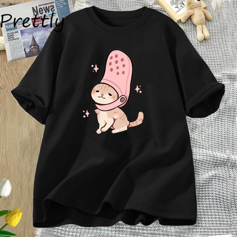 Jibbitz Cat Funny Graphic T Shirts Cute Cat Tshirt Unisex Casual Short Sleeve Round Neck Tee Unisex Cotton T Shirt Woman Clothing