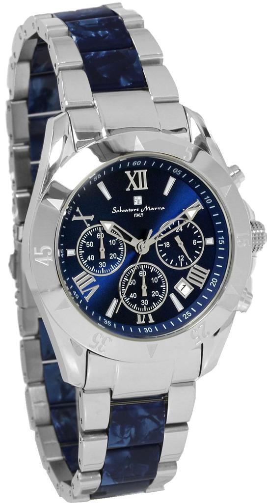 Salvatore Marra Часы Хронограф Ацетат Комбинированный Ремешок Модель Ограниченного Выпуска к 20-летию Рейтинг Бренда Часы Подарок Синий Серебристый [Salvatore Mara] Мужские