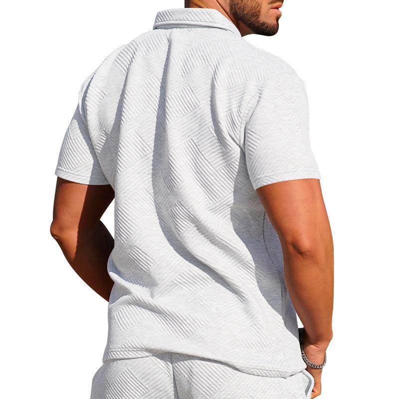 Мужской костюм с рубашкой поло, мужской повседневный костюм с коротким рукавом, футболка с лацканами, текстурированные шорты, спортивный комплект из двух предметов