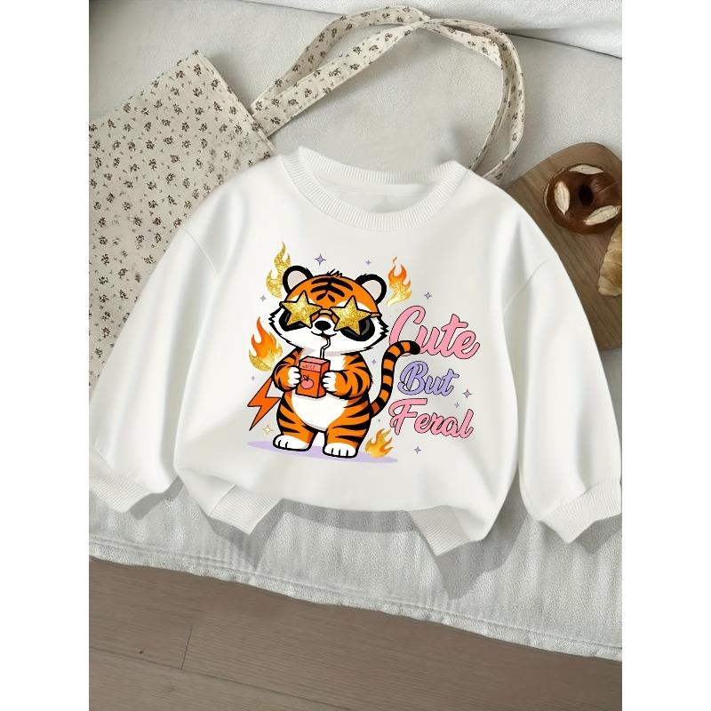 Cute And Wild Patterned Print Girl'S Round Neck Sweatshirt - Casual Creative Design, Stretchy Fabric