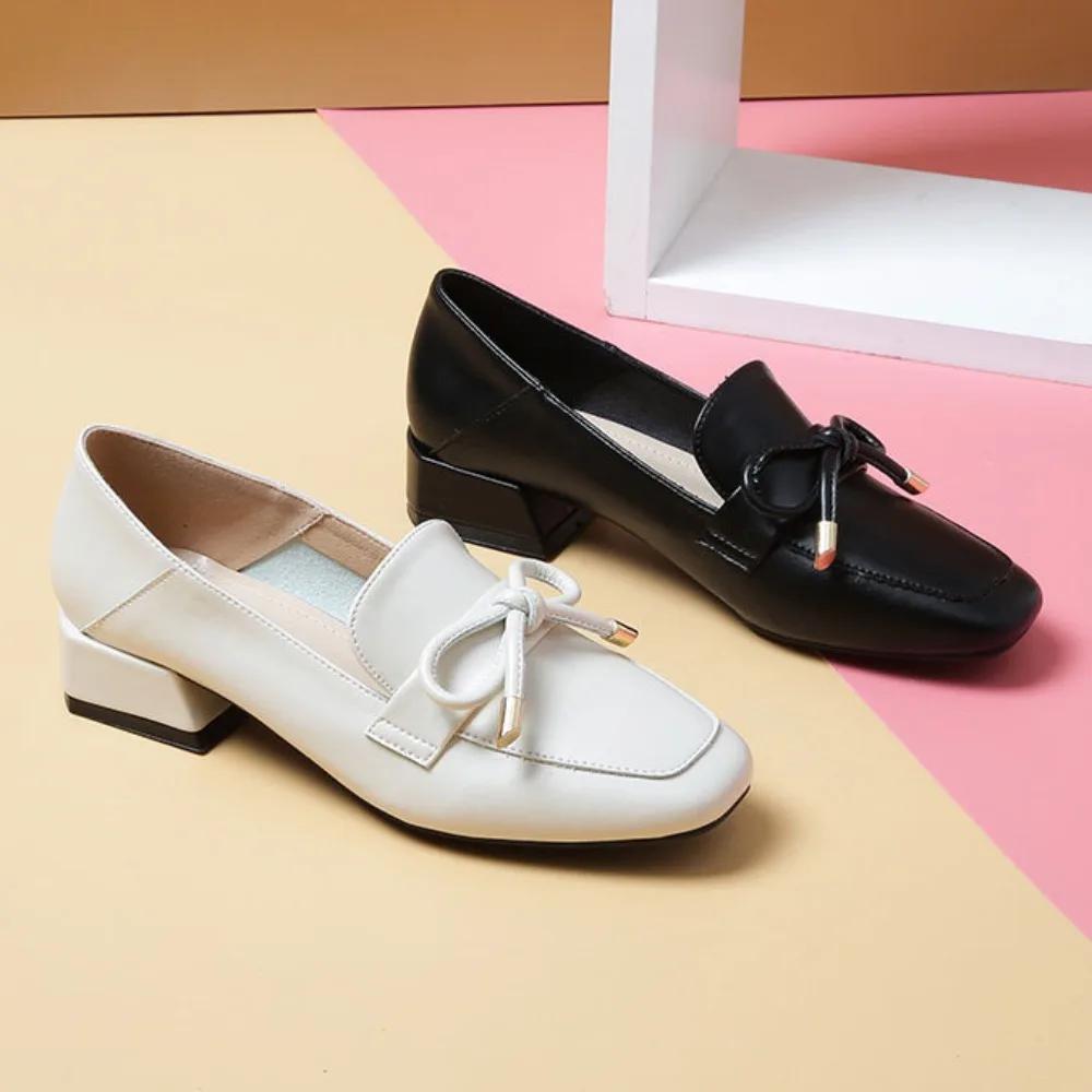 Модные одинарные туфли женские осенние женские кожаные туфли с бантом на толстом каблуке женские мокасины Tacones Mujer