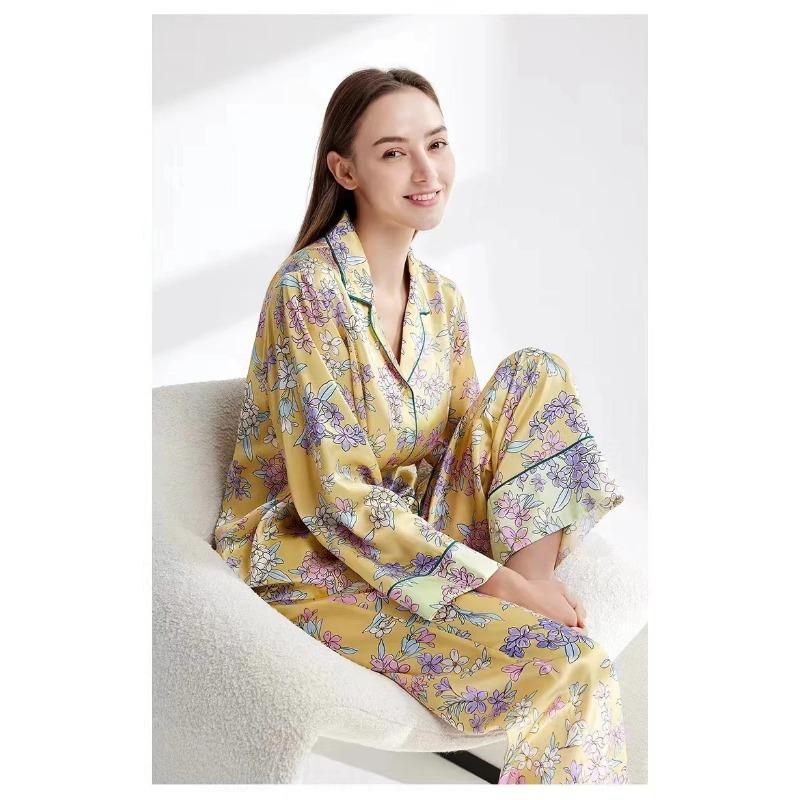 Осенняя шелковая женская пижама с принтом, длинная пижама с пуговицами на лацканах, кардиган, одежда для дома, пижама из чистого шелка, комплект из 2 предметов