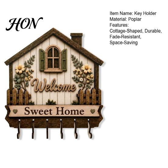 Wall Hanging Key Storage Wooden Holder for Wall, Farmhouse House Shape Rack with Floral Vintage Style Relief, Welcome Sweet Home Mount Hooks,