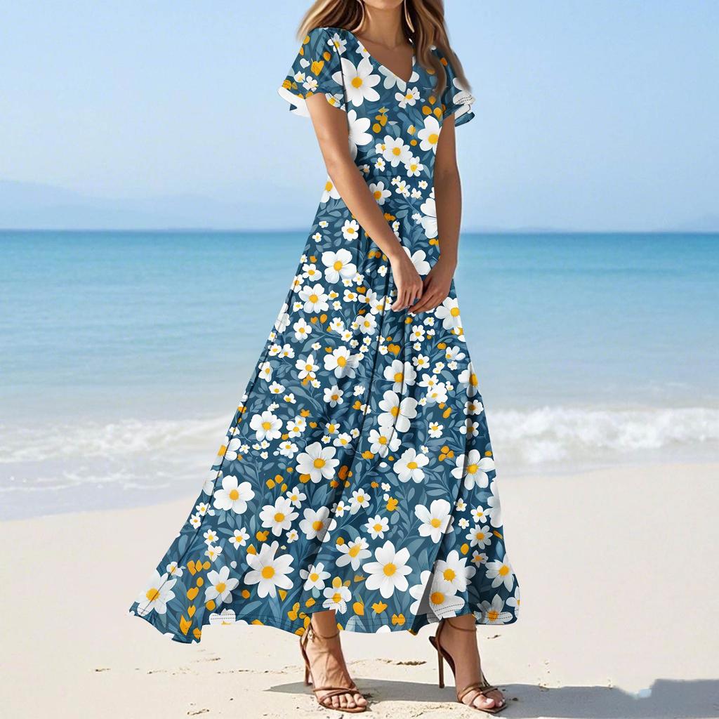 Женские повседневные модные длинные платья с принтом, платья с V-образным вырезом и коротким рукавом
