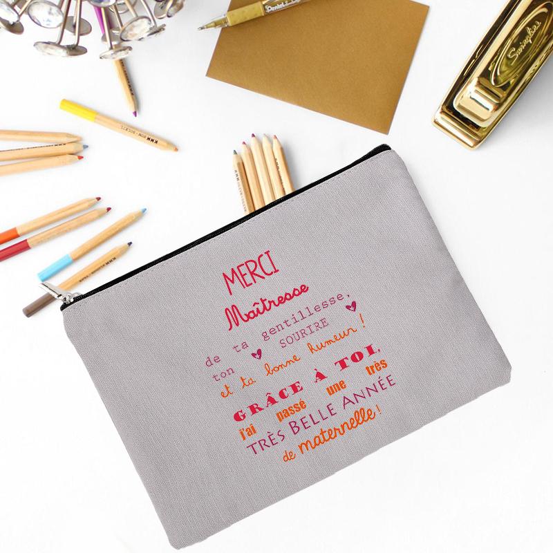 Teacher Superpower French Letter Print Women Cosmetic Bag Canvas Zipper Makeup Pouch Purse Organizer Pencil Bags Toiletry Bag