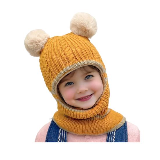 Детская шапка с плюшевыми помпонами, утолщенная вязаная шапка 3-в-1, шапка-шарф-маска, головной убор, эластичная посадка, ветрозащитная шапка