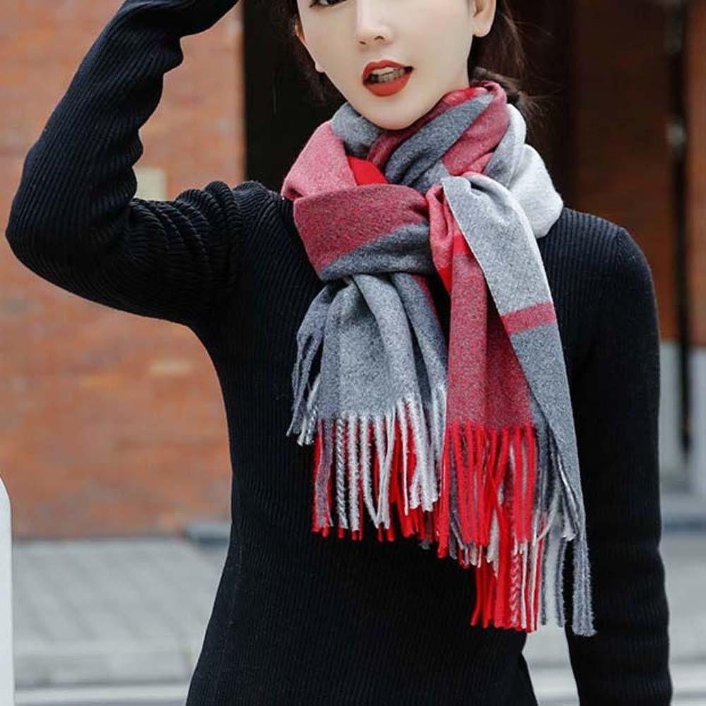 Wool Knitted Wool Scarf Polyester Long Neckscarf with Tassel Large Classic Plaid Scarf Men