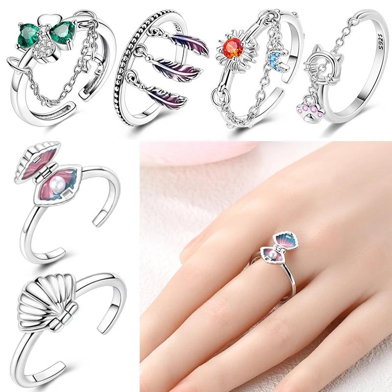 Adjustable Rings 925 Sterling Silver Shell Pearl Clover Feather Open Rings for Women Female Original Engagement Jewelry