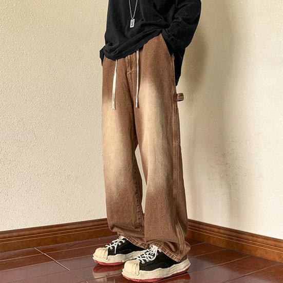 Мужские летние джинсовые брюки со средней посадкой и эластичной резинкой на талии, джинсы-карго с несколькими карманами, прямые широкие брюки High Street