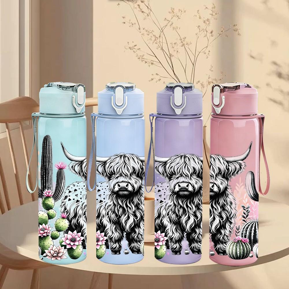 1PC Yak Cow Cactus Desert Animal Art 750ml Color Plastic Sports Water Bottle Leakproof Flip Straw Lid Suitable for Sports Office Home Use
