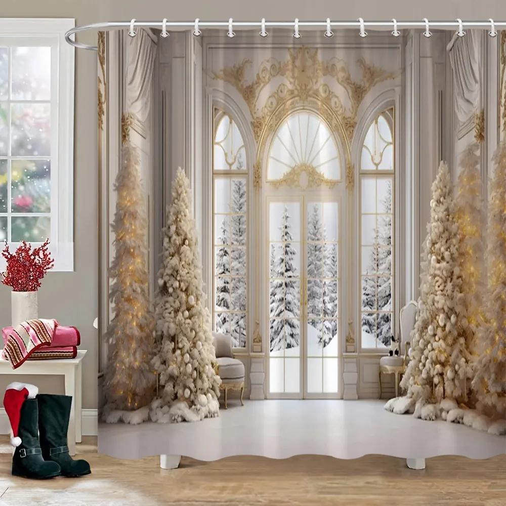 Рождественская вечеринка Занавески для душа Камин Рождественская елка и подарки Снеговик Снежная сцена Моющаяся занавеска для душа Арт Декор для ванной